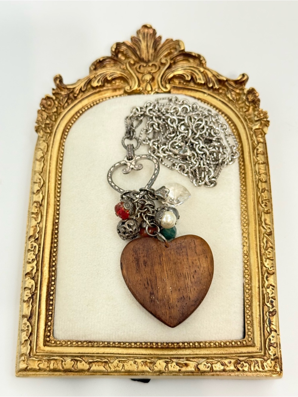 Brighton wooden heart semi precious stones cha cha dangle silver tone necklace